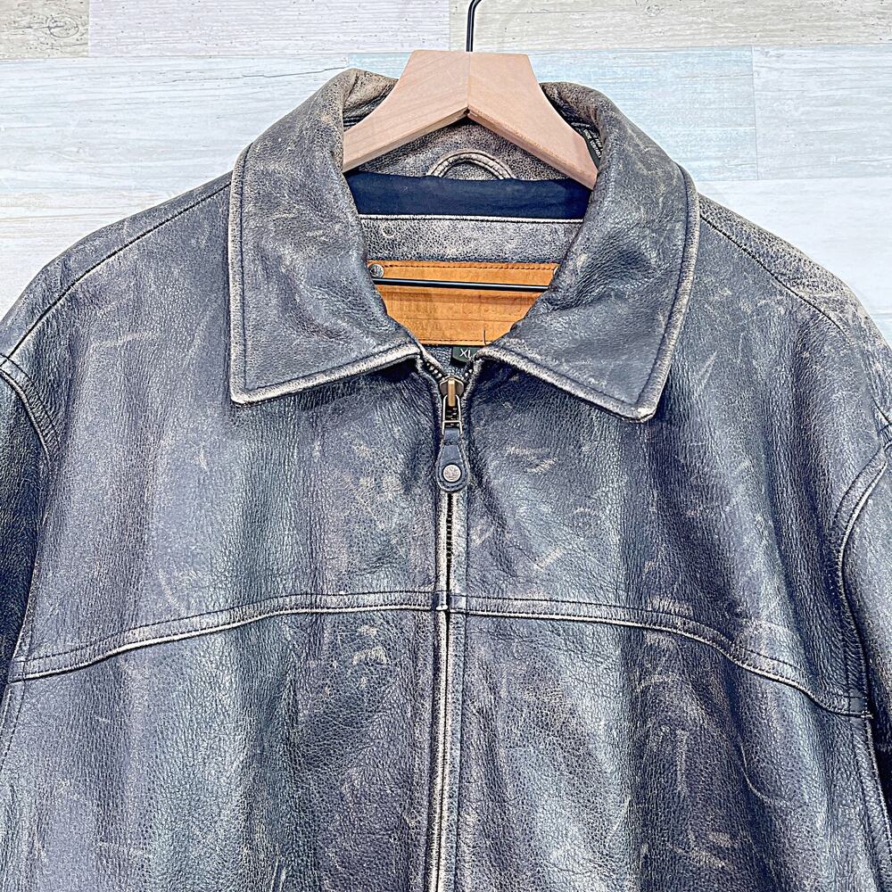 Timberland 100% Cowhide Leather Distressed Jacket Brown Zip Up Vintage Mens XL - Picture 2 of 10